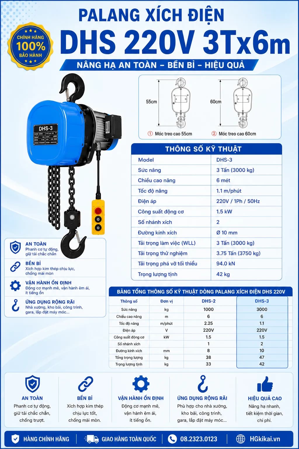 Palang xích điện DHS 220V 3Tx6m