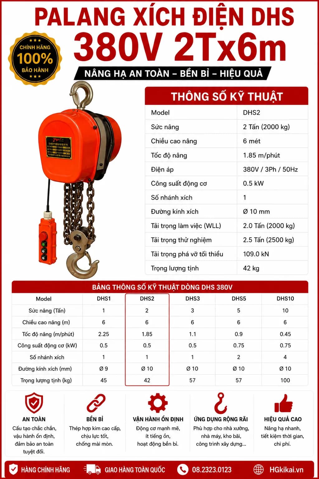 Palang xích điện DHS 380V 2Tx6m