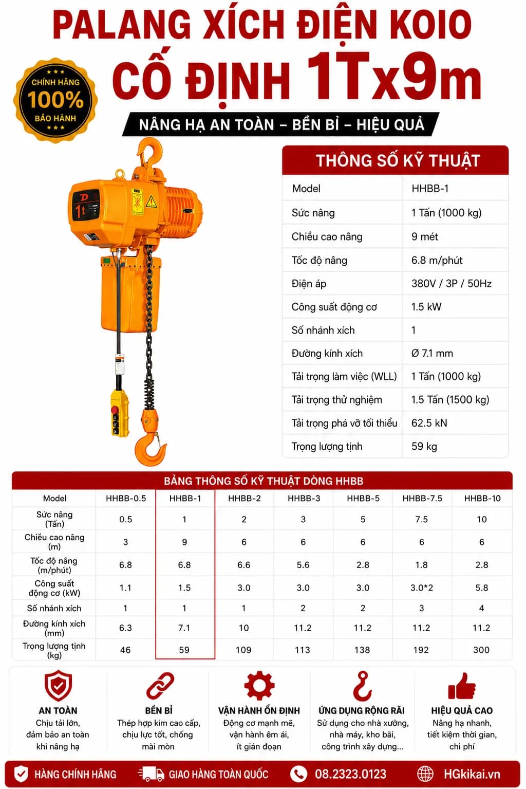 Palang xích điện KOIO cố định 1Tx9m