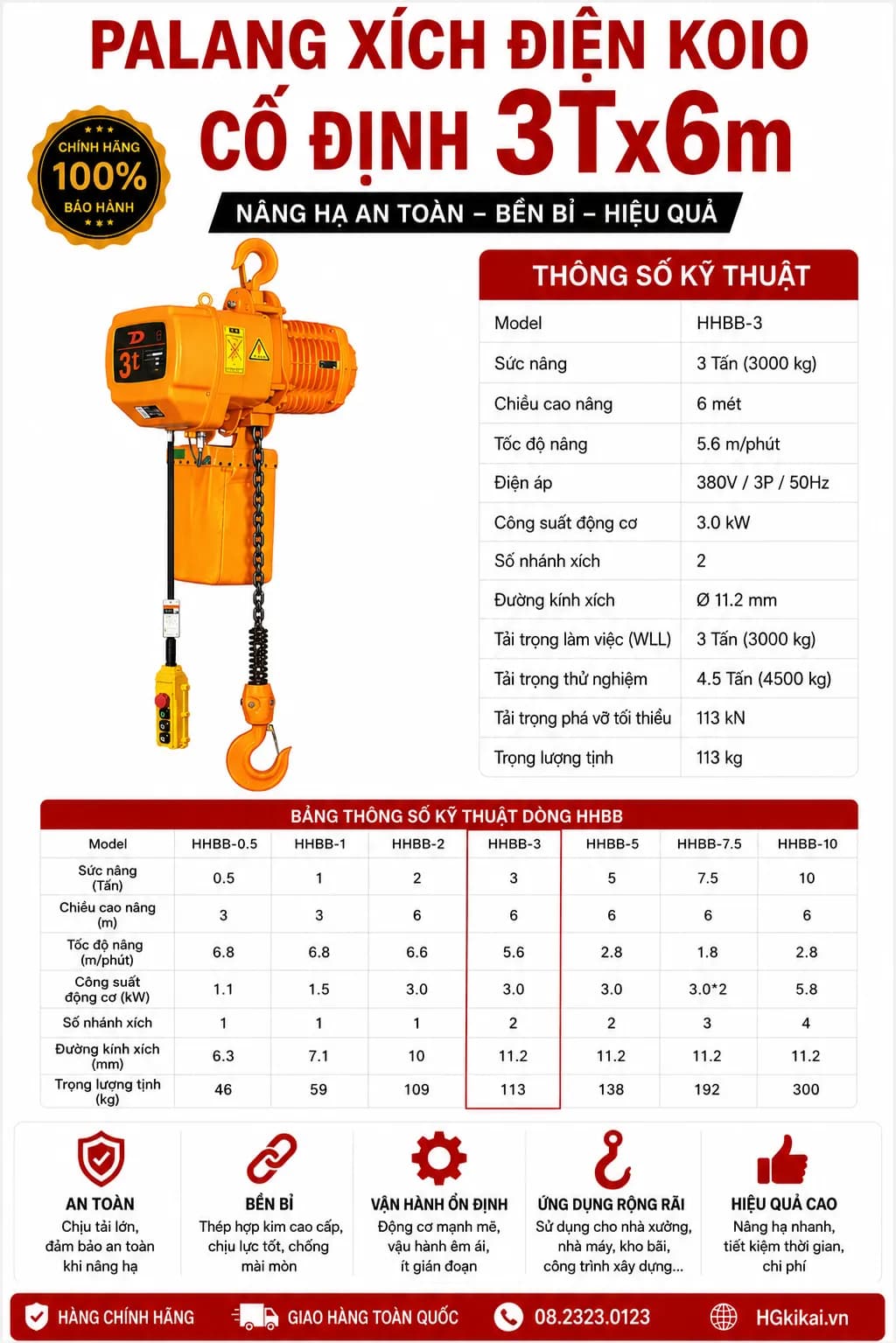 Palang xích điện KOIO cố định 3Tx6m