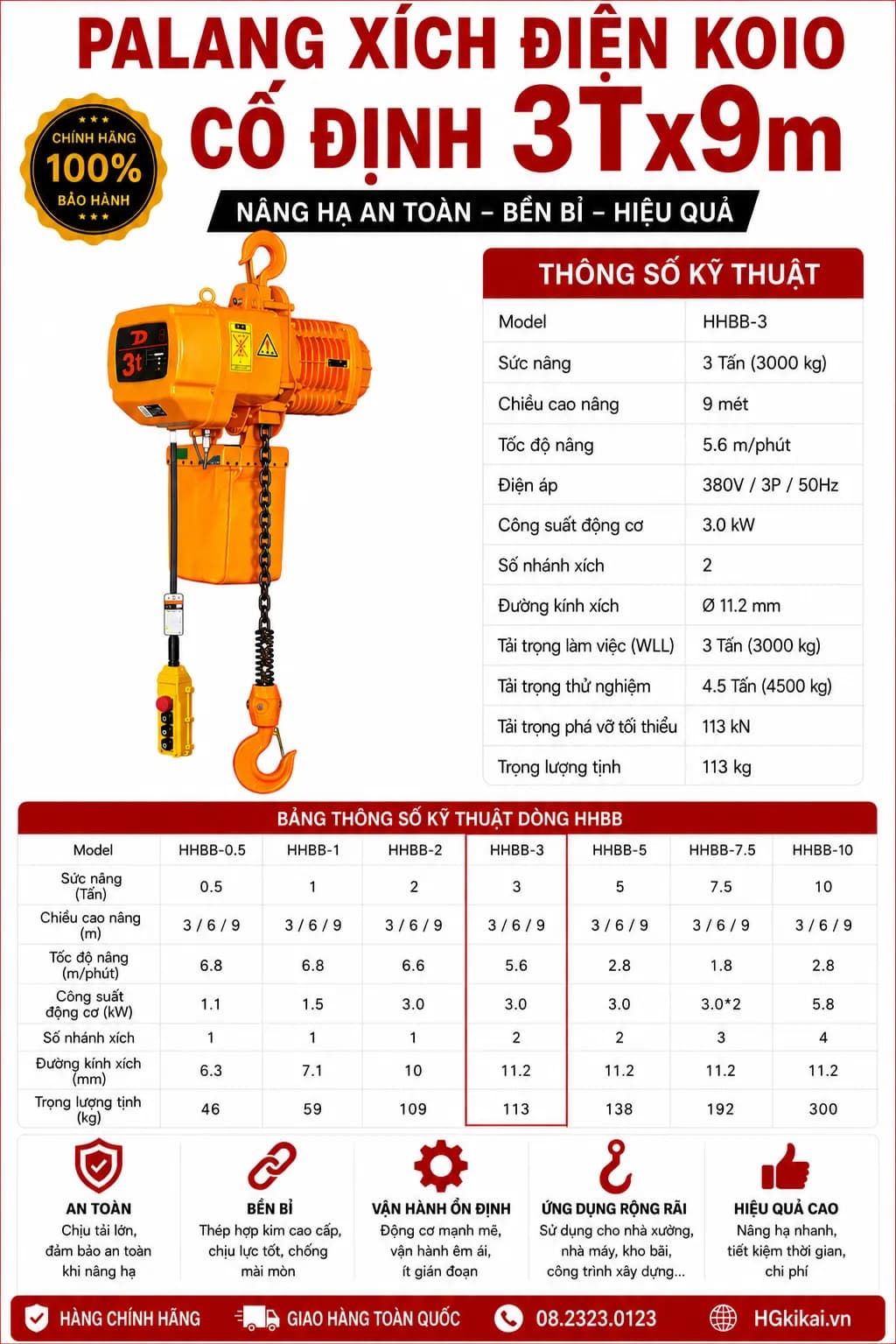 Palang xích điện KOIO cố định 3Tx9m