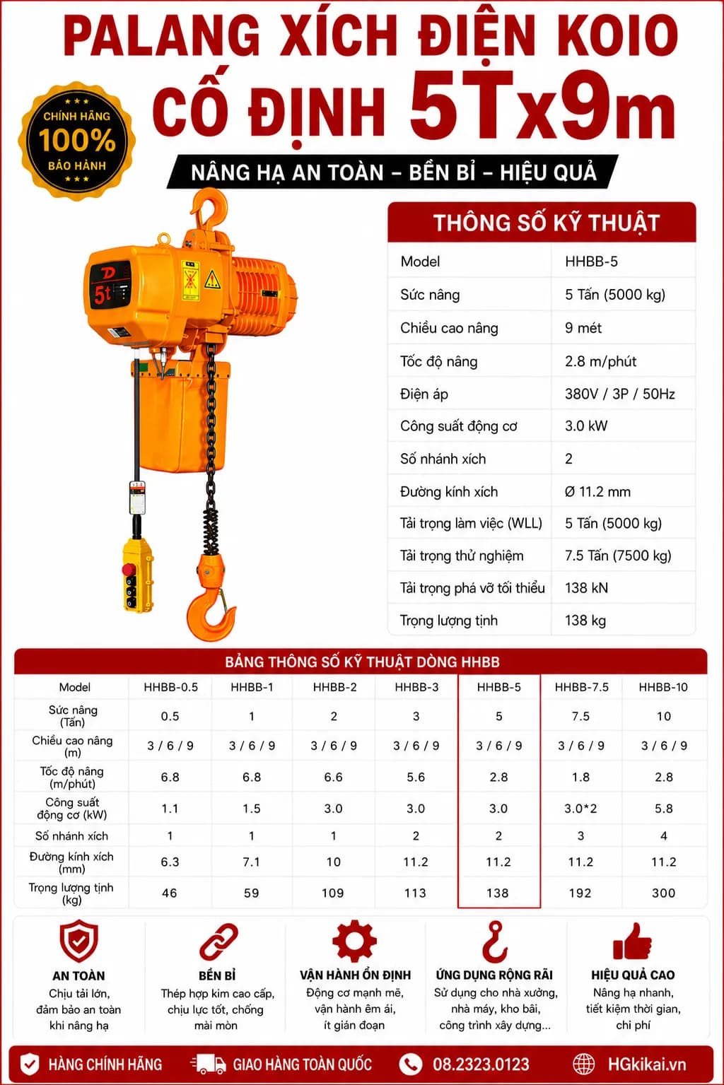 Palang xích điện KOIO cố định 5Tx9m