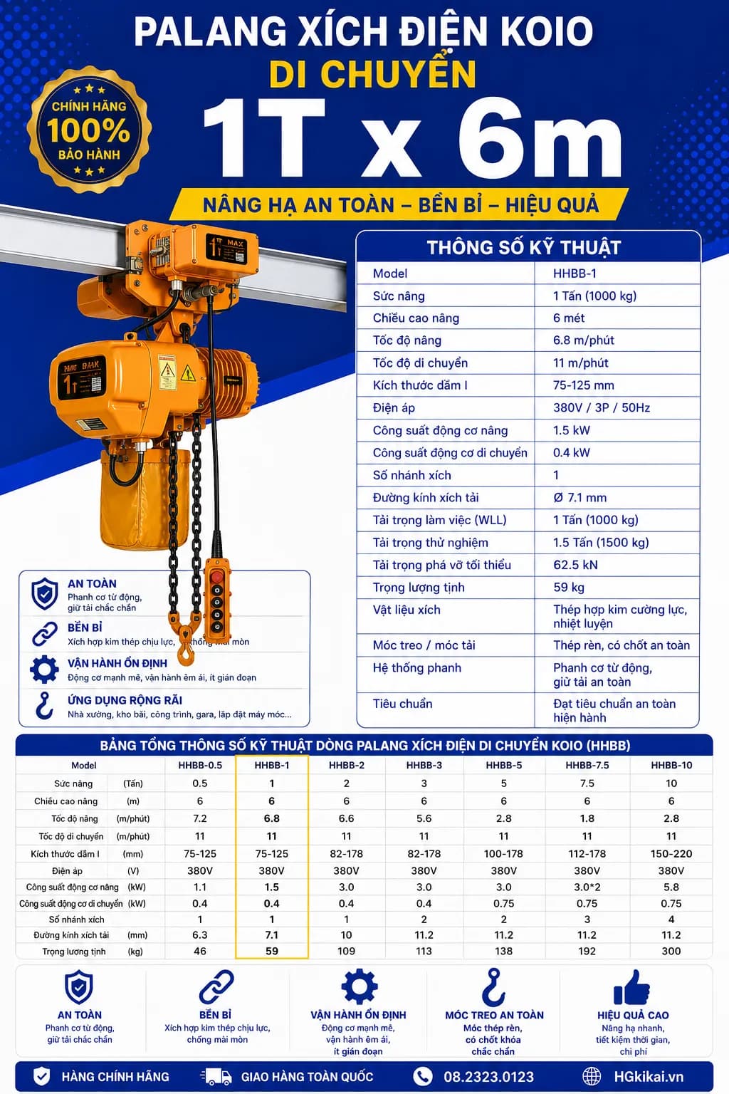 Palang xích điện KOIO di chuyển 1Tx6m