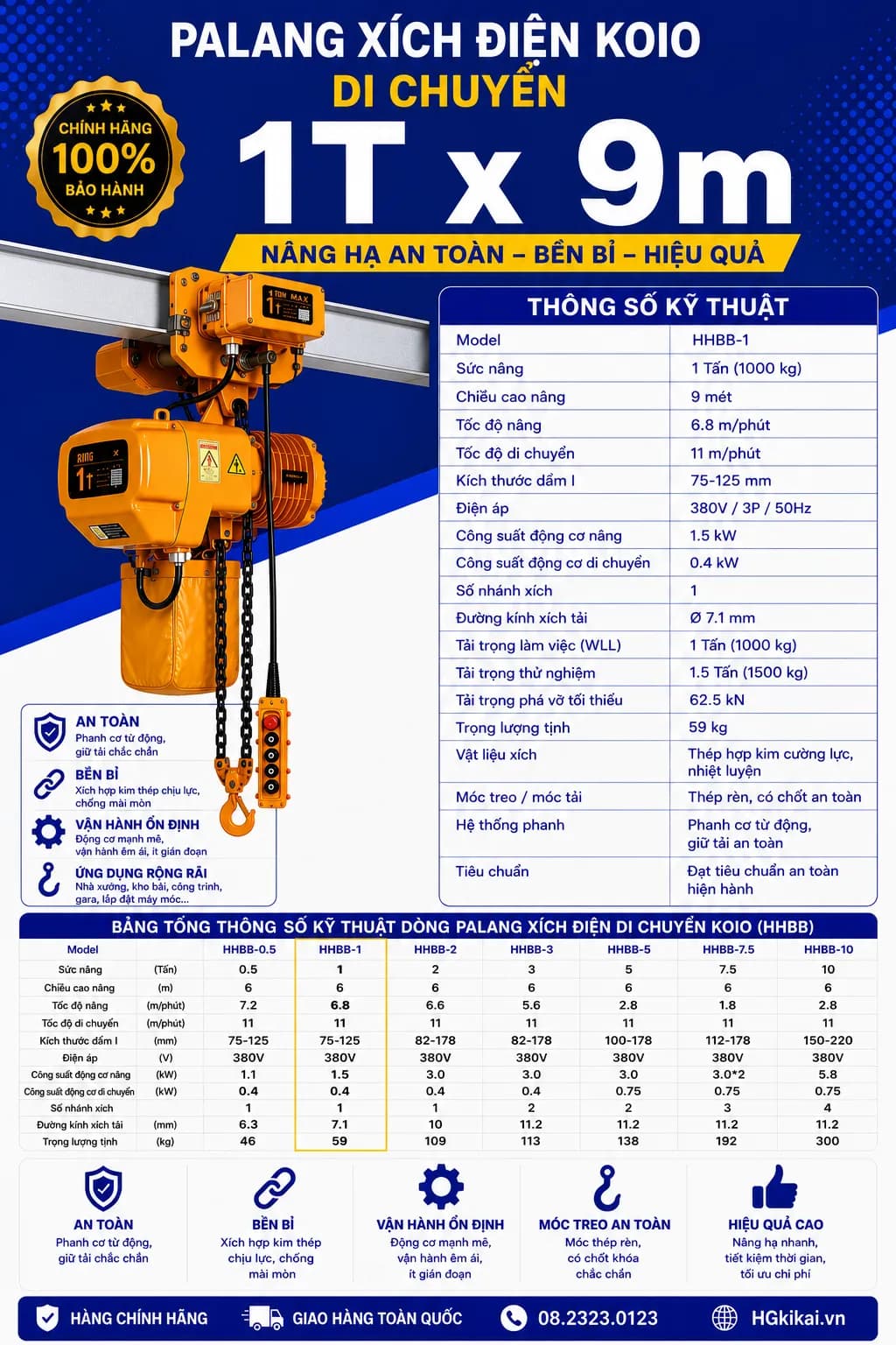 Palang xích điện KOIO di chuyển 1Tx9m