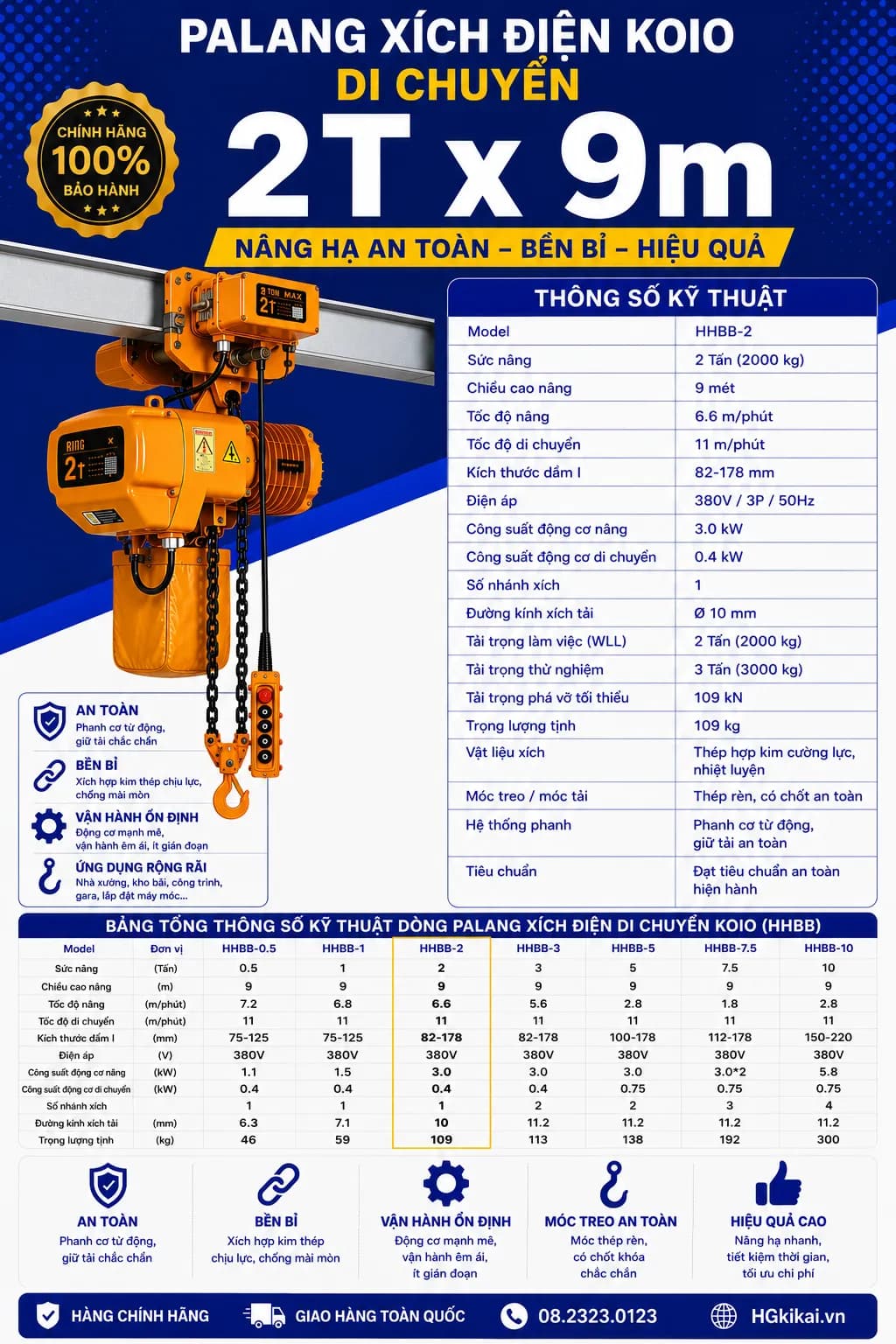 Palang xích điện KOIO di chuyển 2Tx9m