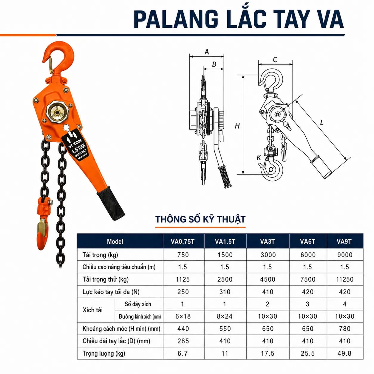 Palang xích lắc tay VA 6Tx6m
