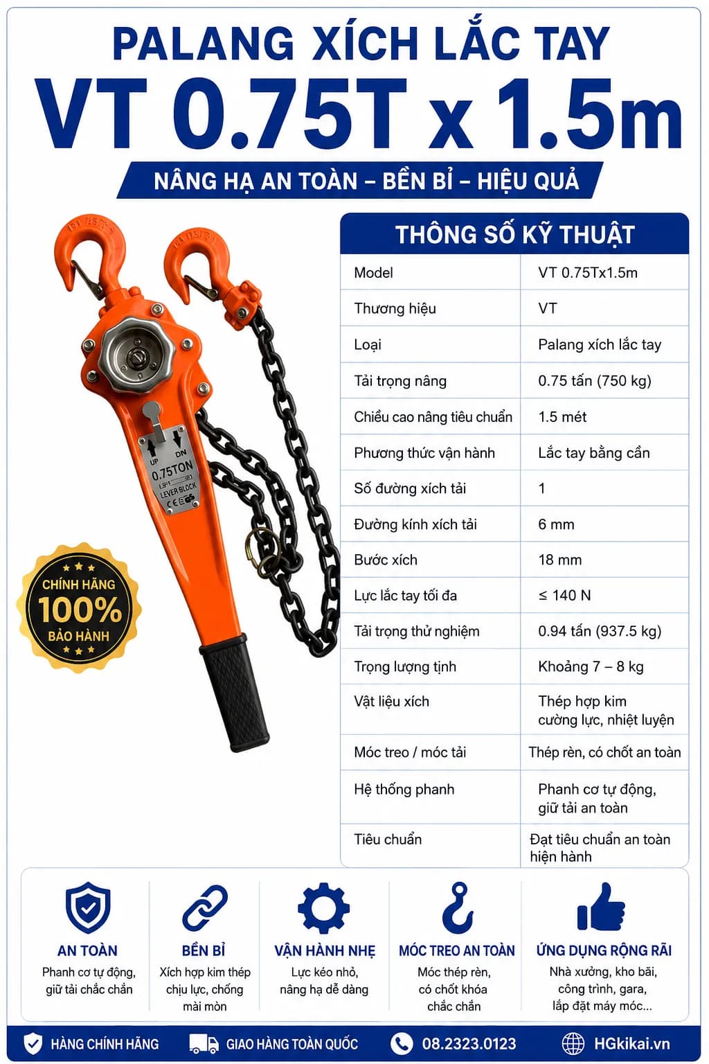 Palang xích lắc tay VT 0.75Tx1.5m