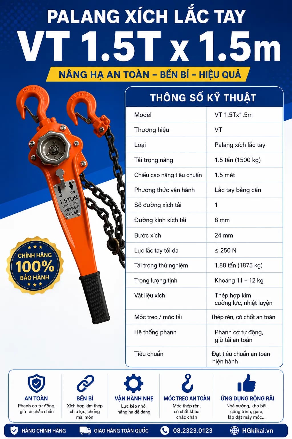 Palang xích lắc tay VT 1.5Tx1.5m