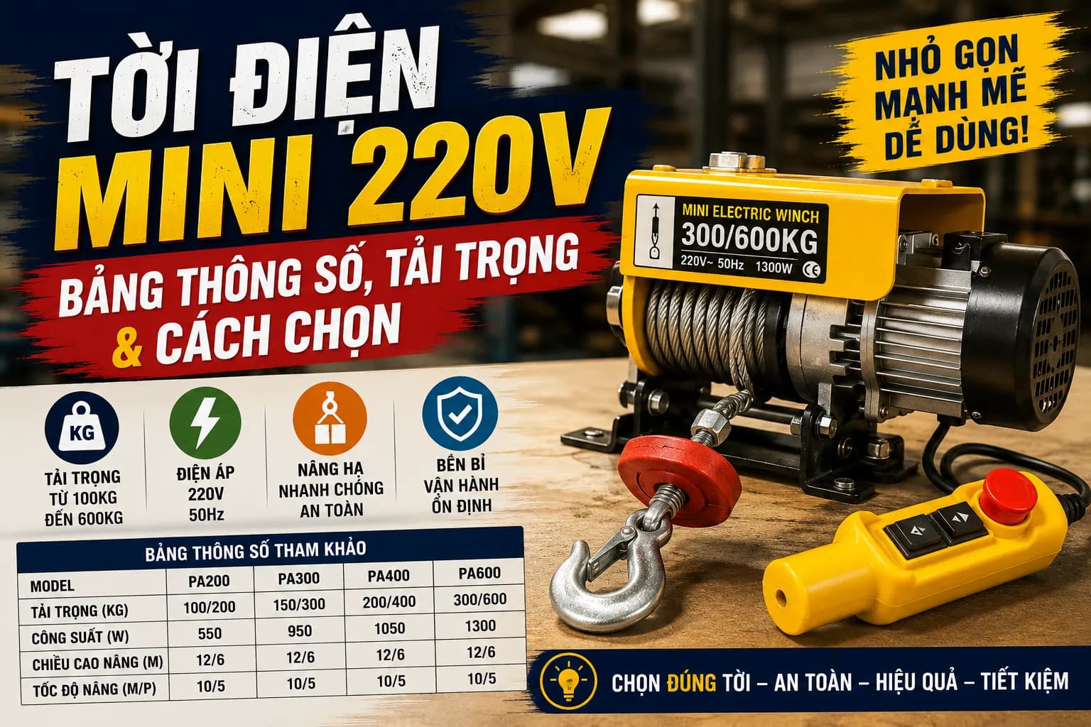 Tời Điện Mini 220V: Bảng Thông Số, Tải Trọng & Cách Chọn