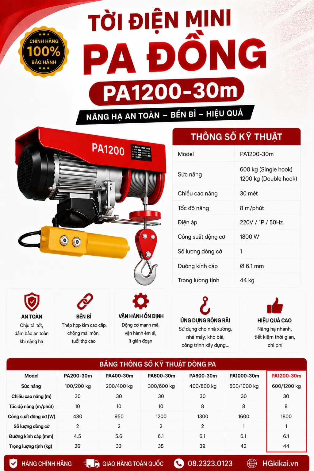Tời điện mini PA đồng PA1200-30m