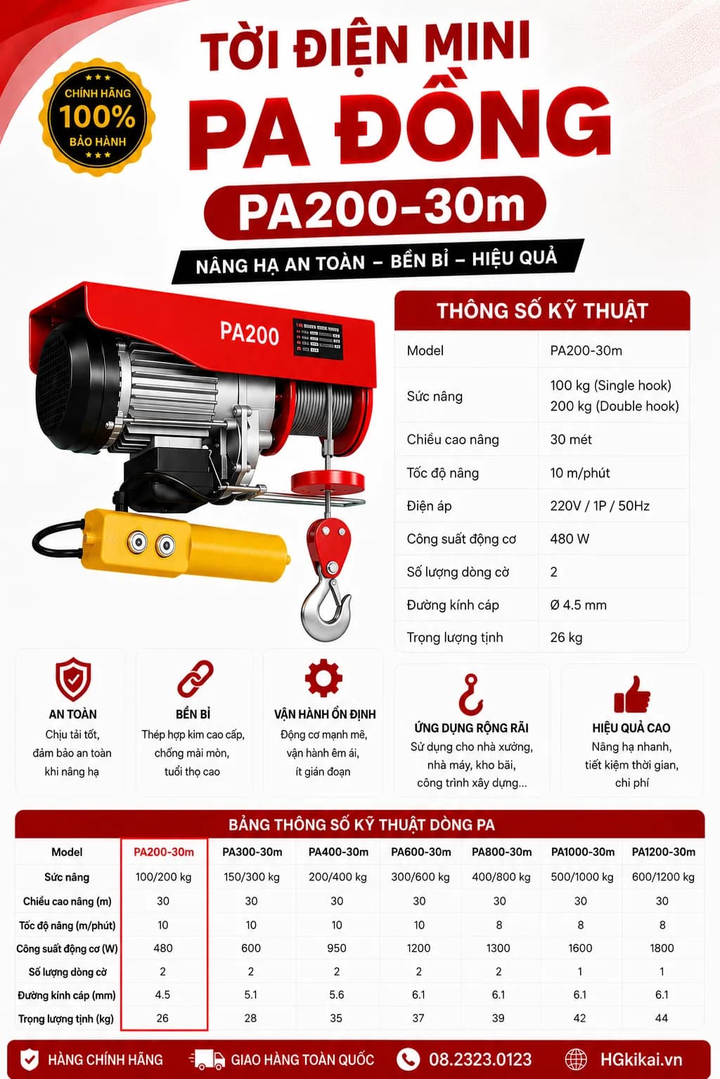 Tời điện mini PA đồng PA200-30m