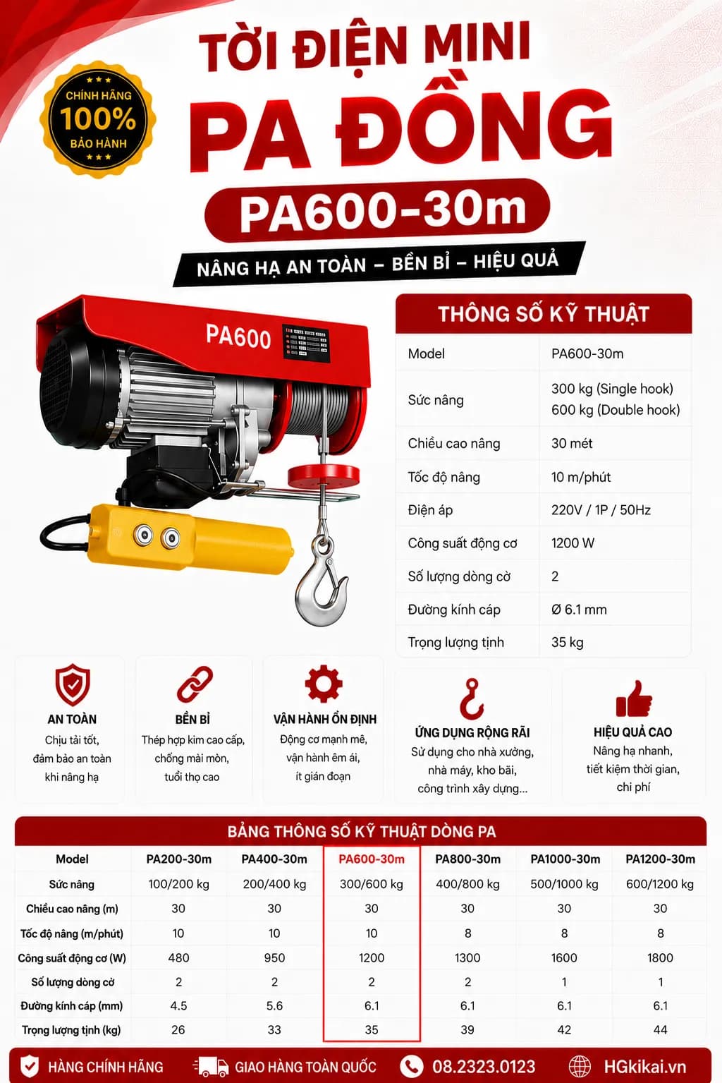 Tời điện mini PA đồng PA600-30m
