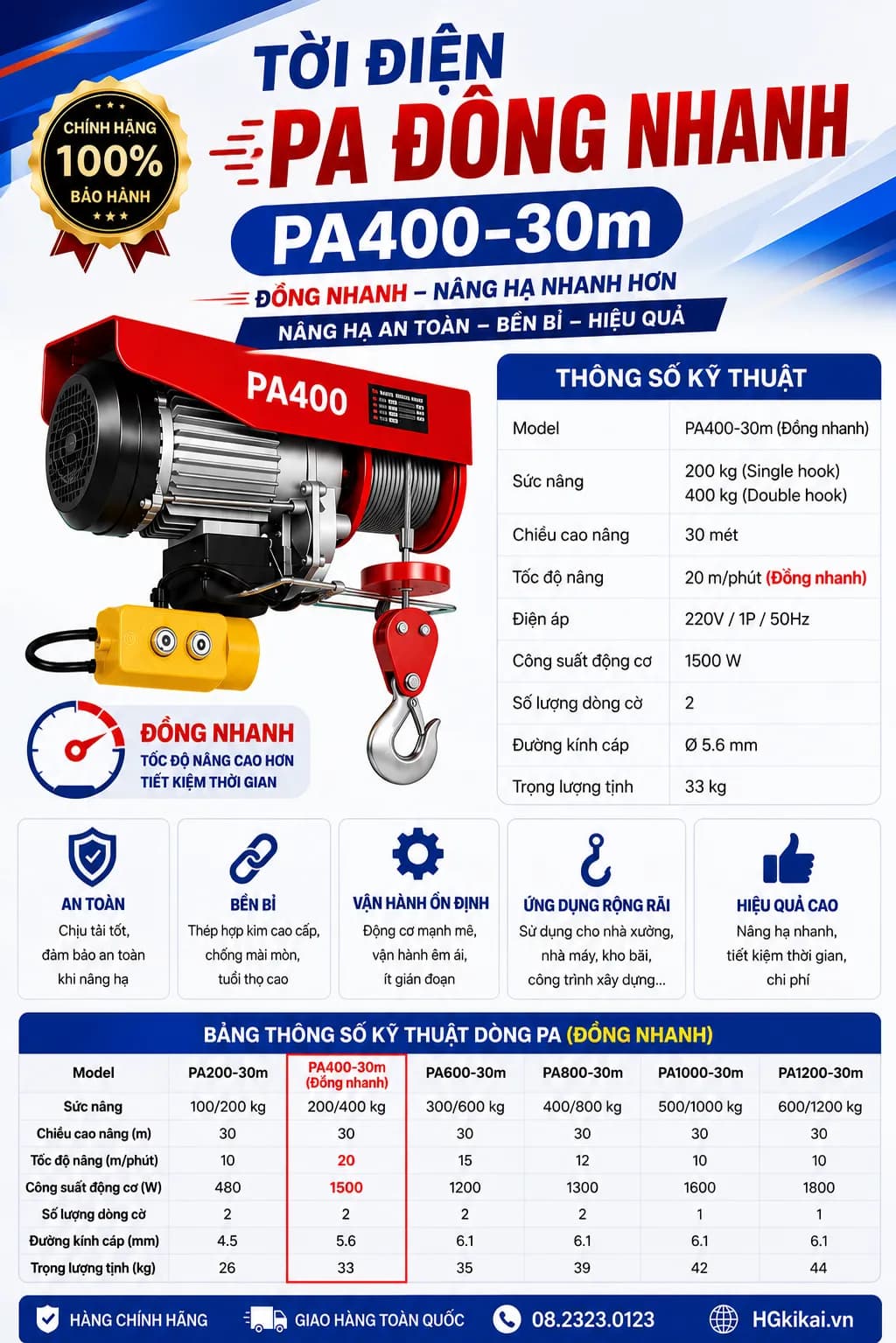Tời điện PA đồng nhanh PA400-30m