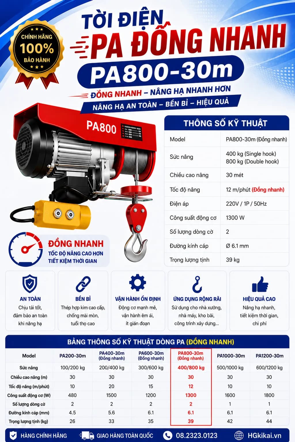 Tời điện PA đồng nhanh PA800-30m