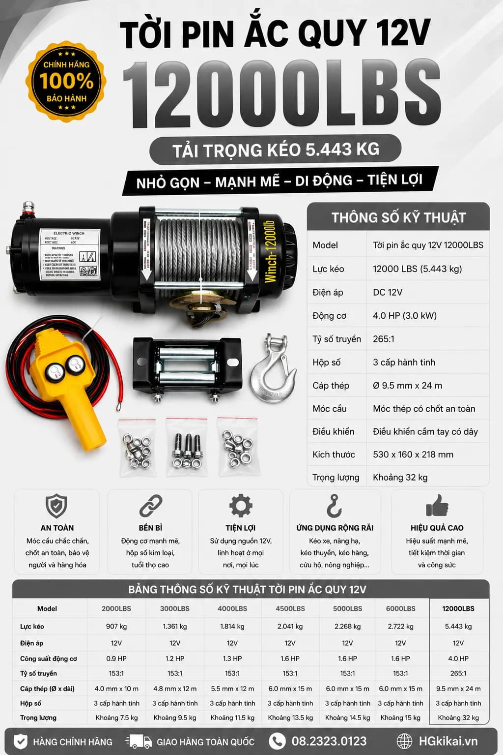 Tời Pin ắc quy 12V 12000LBS