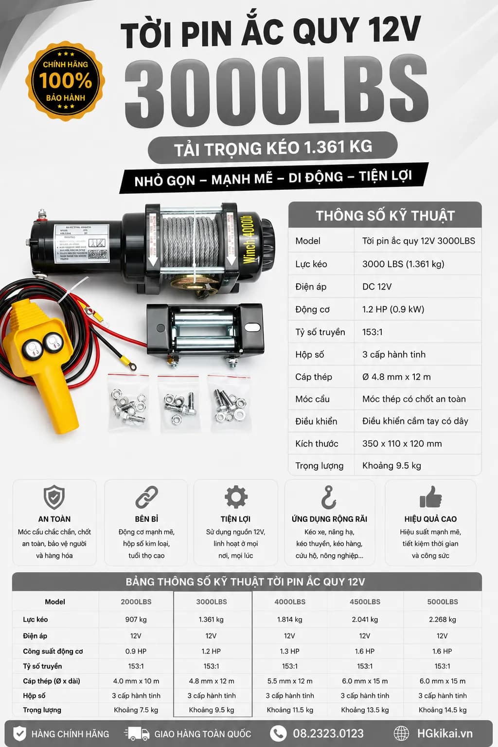 Tời Pin ắc quy 12V 3000LBS