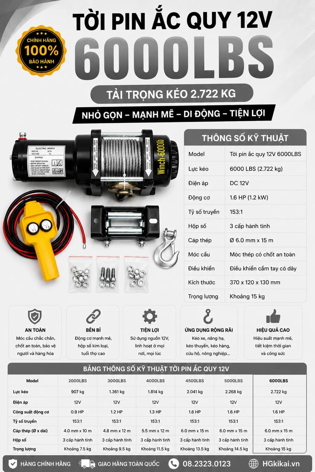 Tời Pin ắc quy 12V 6000LBS