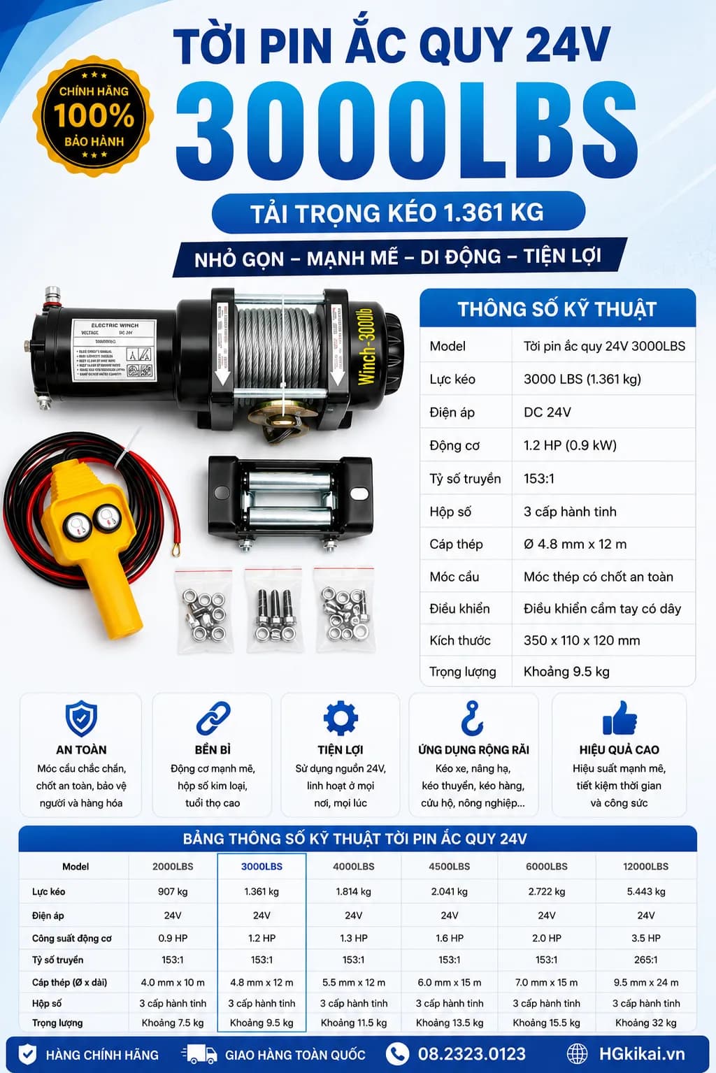 Tời Pin ắc quy 24V 3000LBS