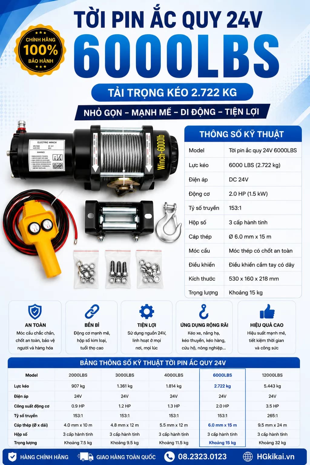Tời Pin ắc quy 24V 6000LBS