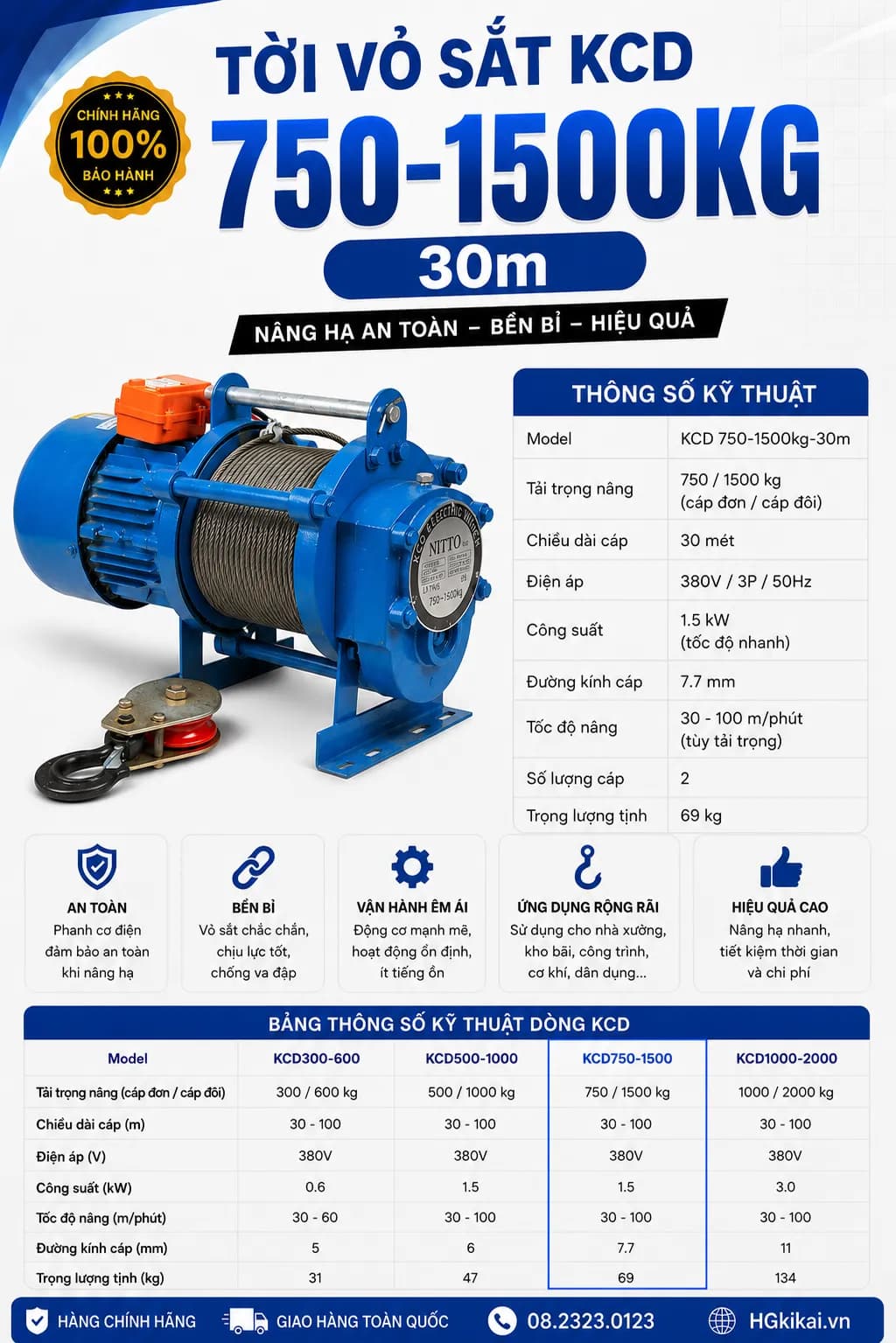 Tời vỏ sắt KCD 750-1500kg-30m