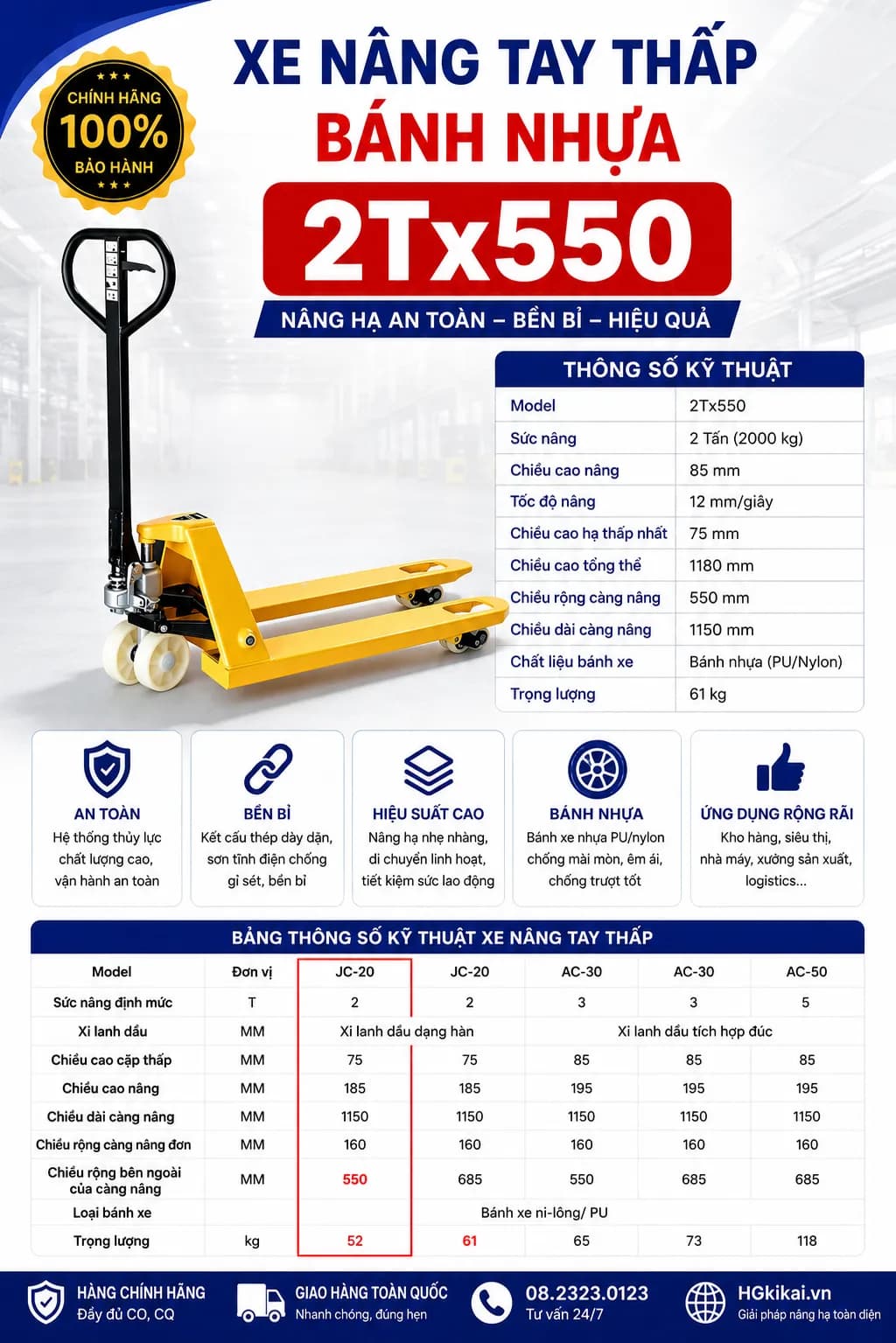 Xe nâng tay thấp bánh nhựa 2Tx550