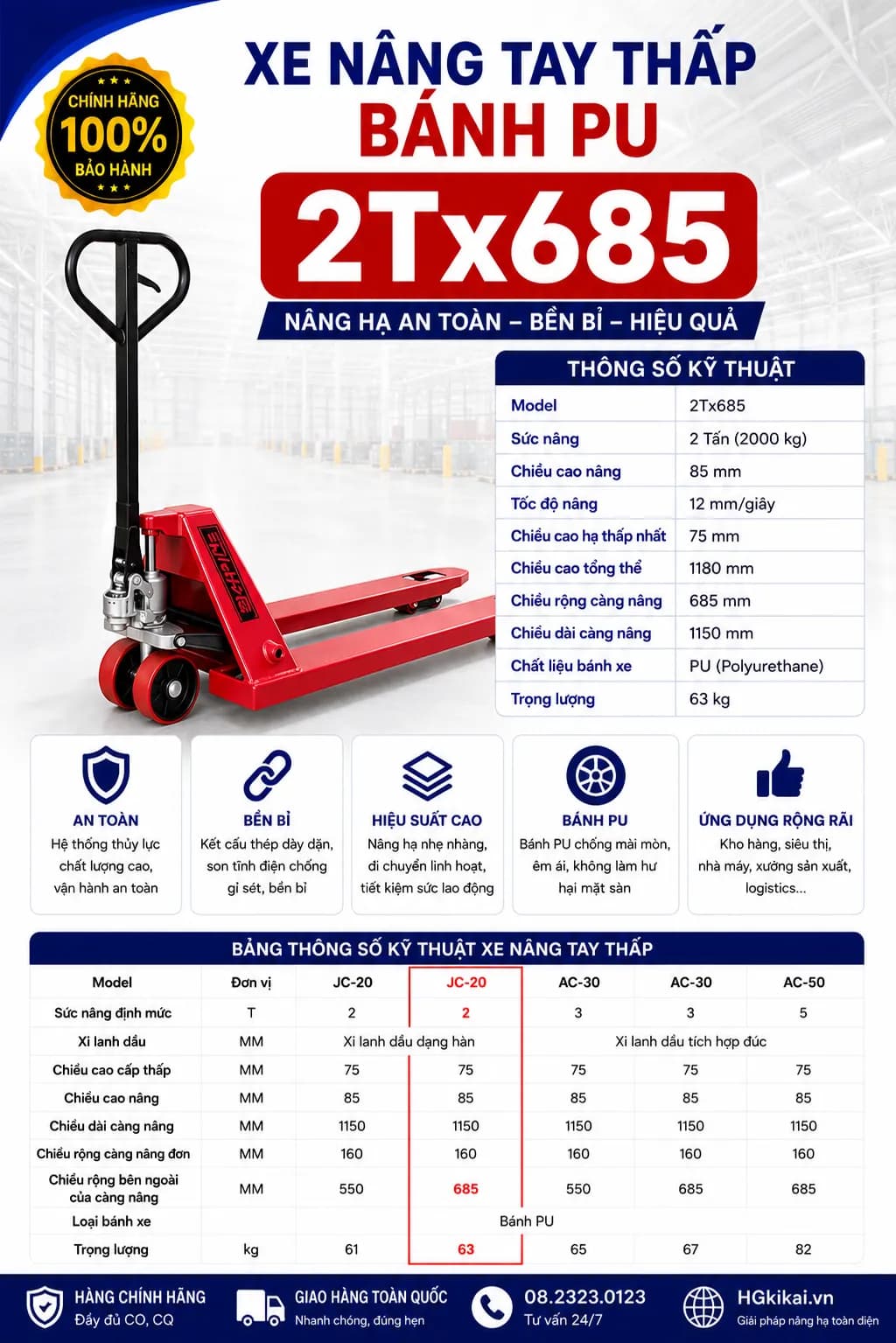 Xe nâng tay thấp bánh PU 2Tx685