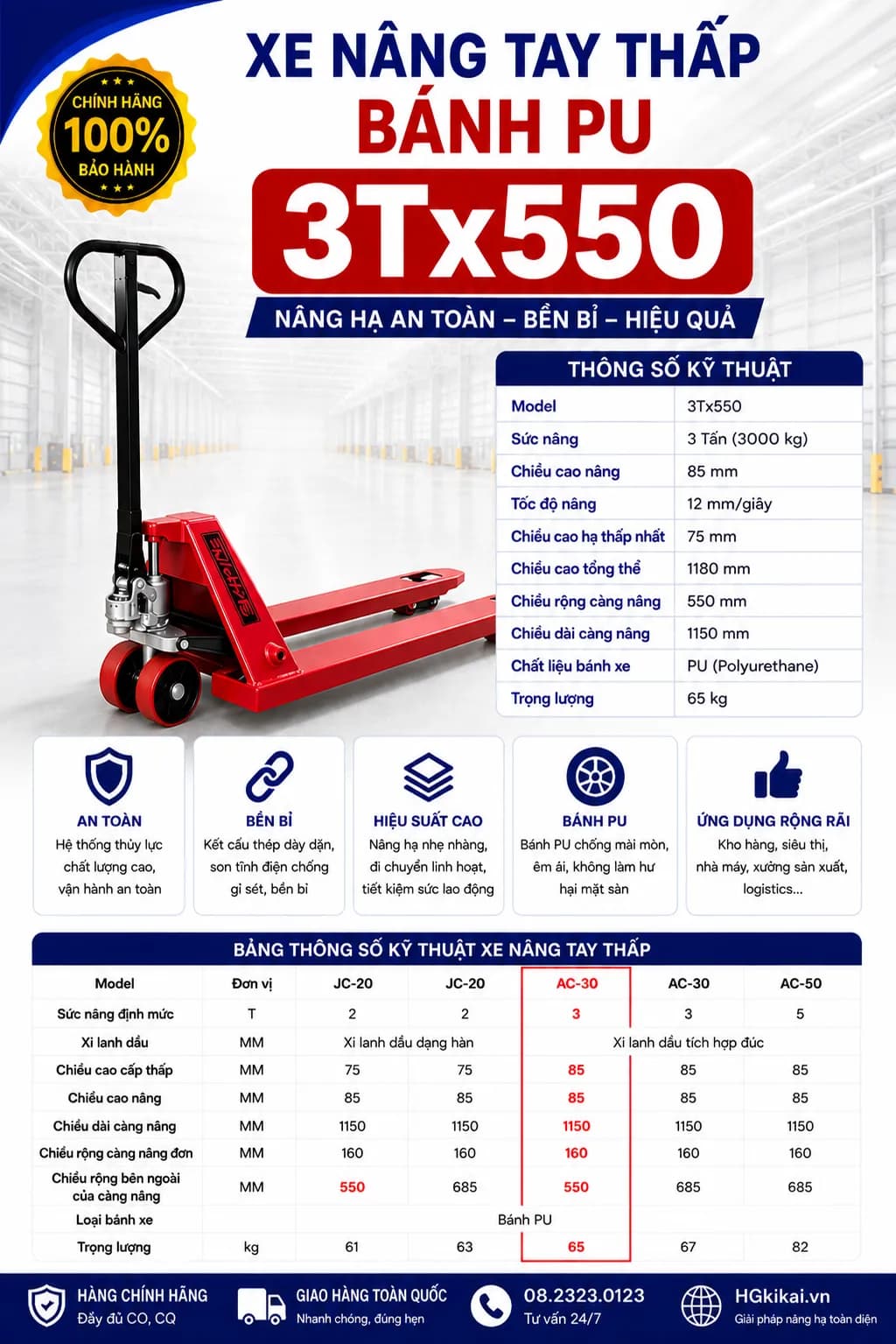 Xe nâng tay thấp bánh PU 3Tx550