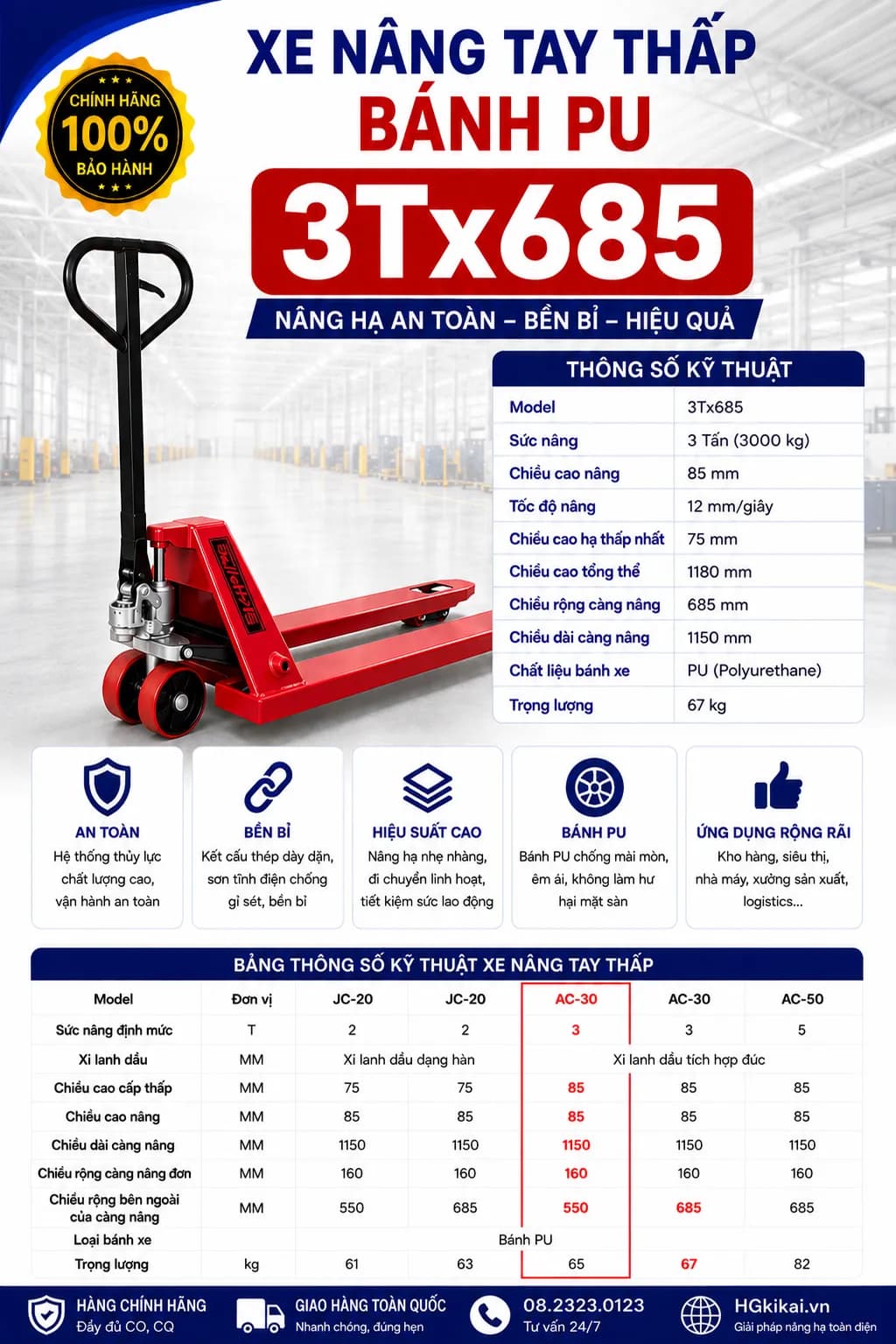 Xe nâng tay thấp bánh PU 3Tx685