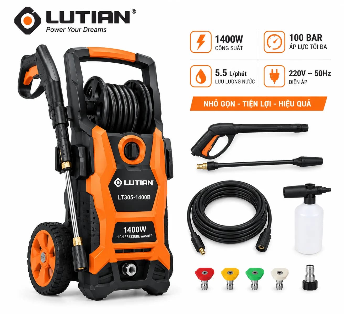Máy Rửa Xe Lutian LT305-1400B 1400W Áp Lực Cao