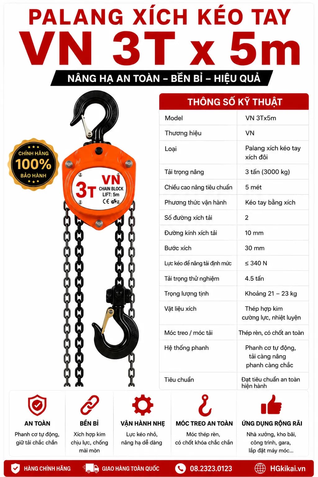 Palang xích kéo tay VN 3Tx5m xích đôi